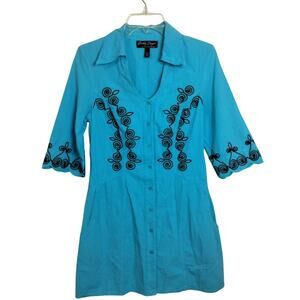 4659)Gretty Zueger Y2K Turquoise Blue Embroidery Babydoll Cotton Tunic Top Small